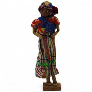 Vintage Guatemalan Handcrafted Wooden Doll In Traditional Attire